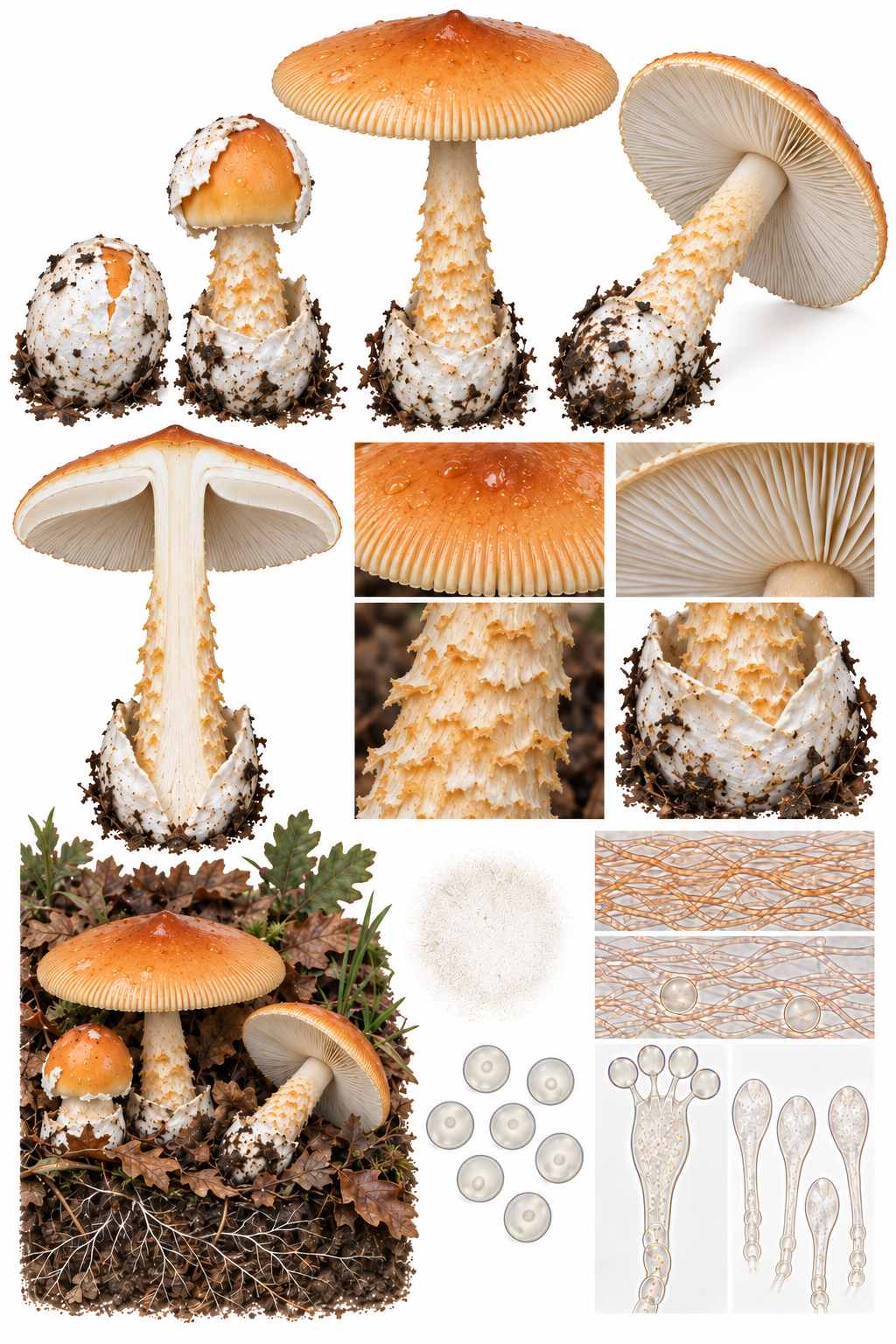 Lámina científica de Amanita crocea con sombrero azafranado, margen estriado, pie bandeado sin anillo y volva blanca