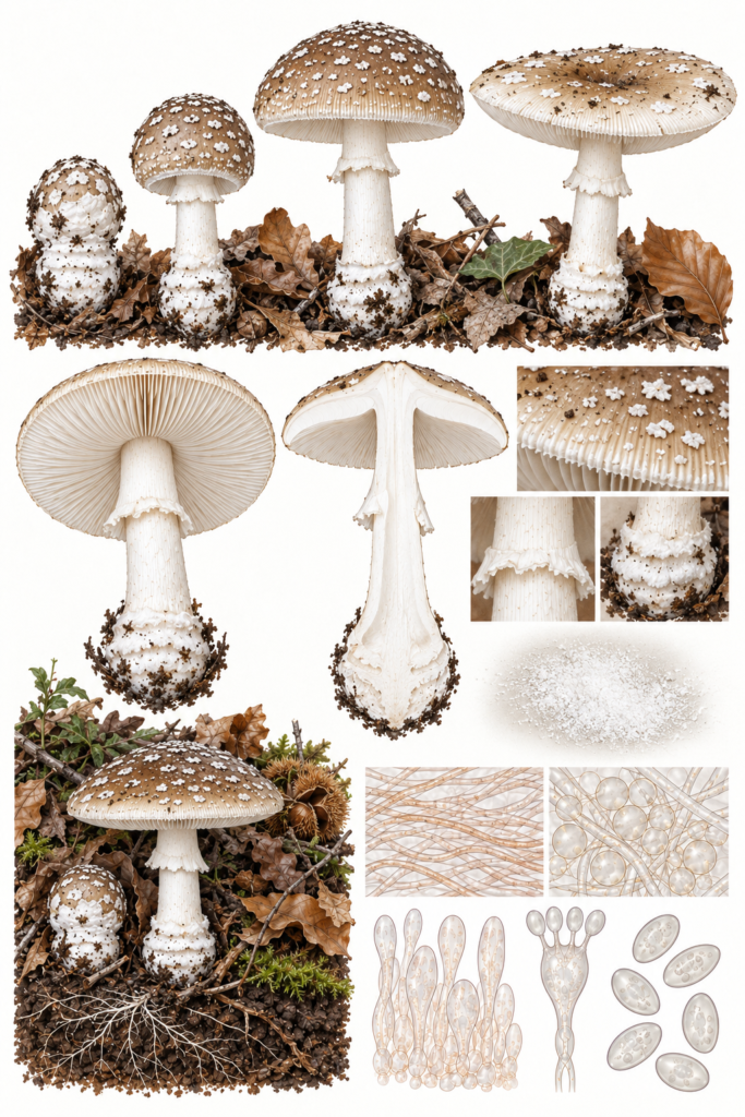 Lámina científica de Amanita pantherina con sombrero pardo, verrugas blancas, margen estriado y bulbo con rebordes concéntricos