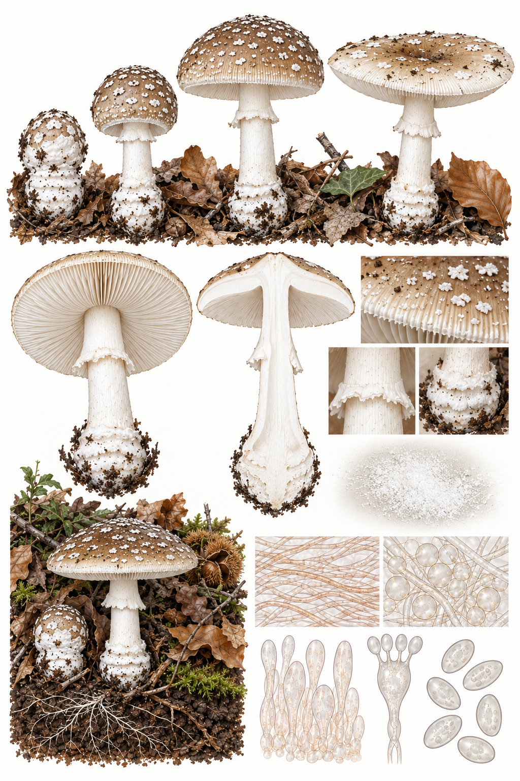 Lámina científica de Amanita pantherina con sombrero pardo, verrugas blancas, margen estriado y bulbo con rebordes concéntricos