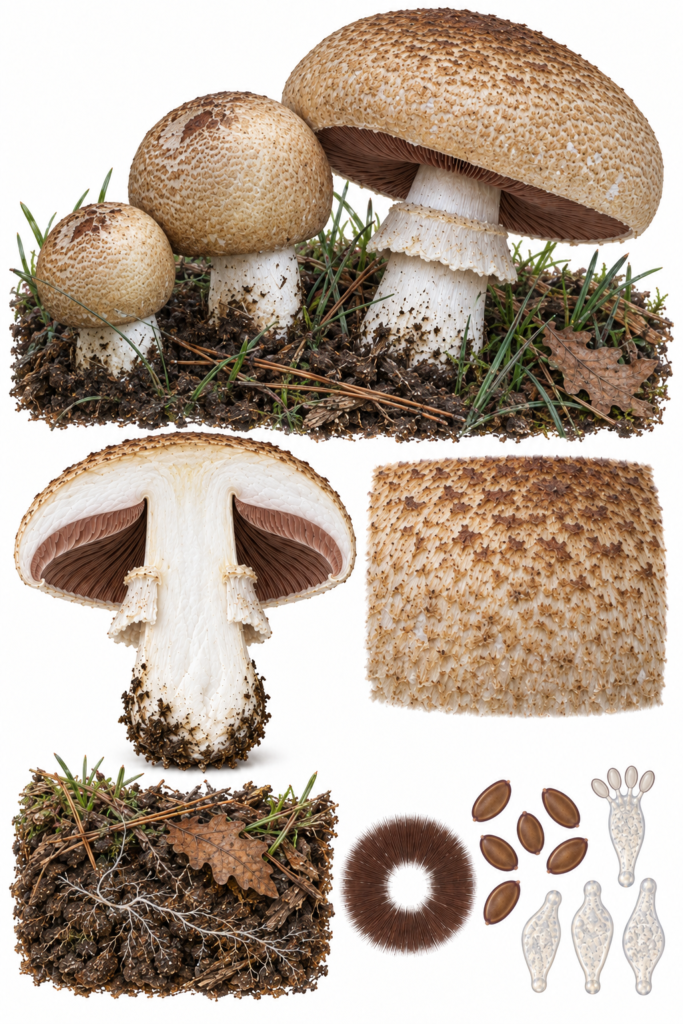 Lámina científica de Agaricus augustus con ejemplares en distintos estadios, sección longitudinal y caracteres diagnósticos