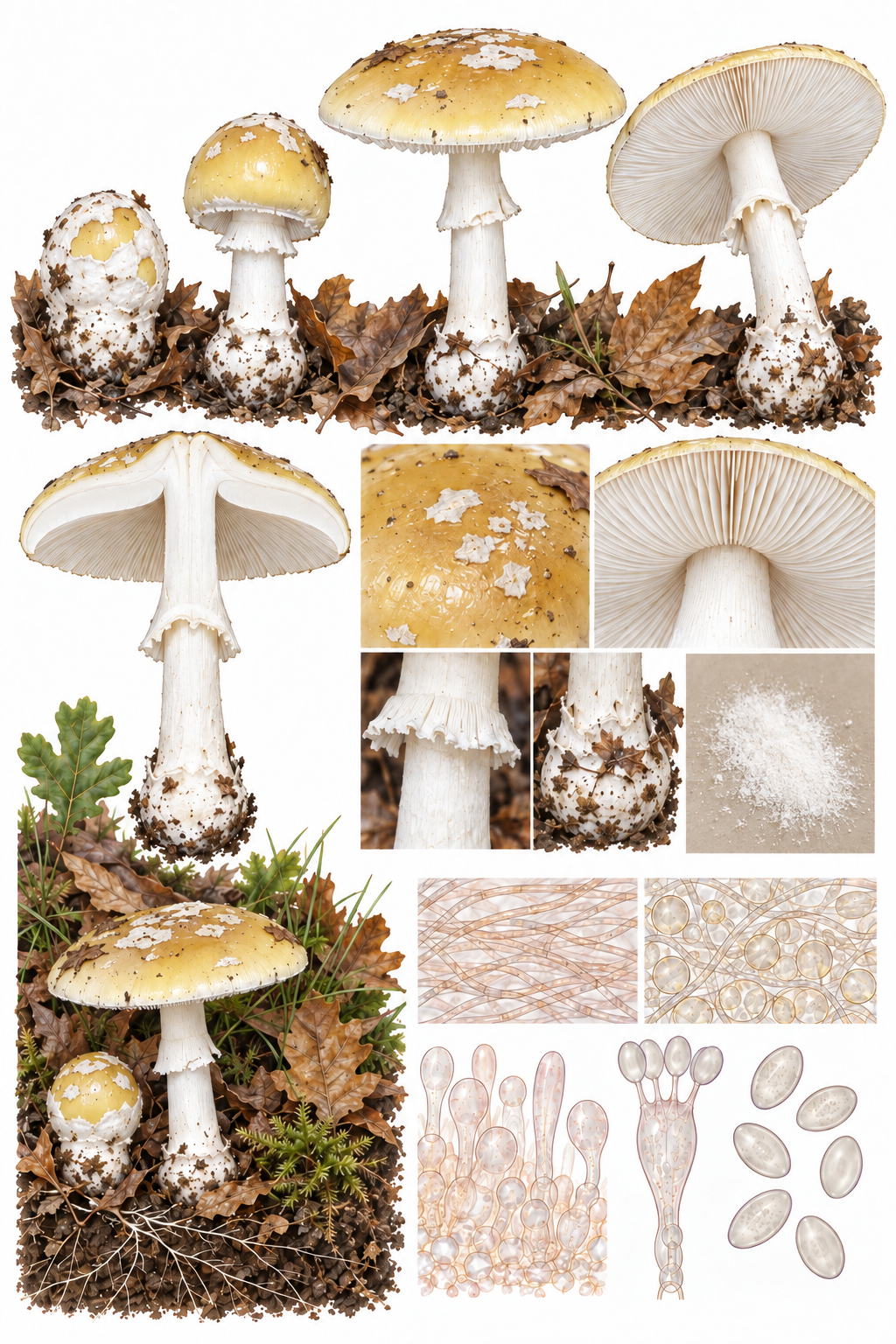 Lámina científica de Amanita gemmata con sombrero amarillo, verrugas blancas, láminas blancas y base bulbosa