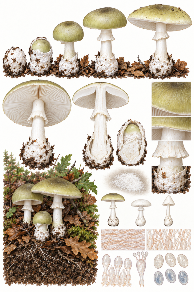 Lámina científica de Amanita phalloides con sombrero oliváceo variable, láminas blancas, anillo y volva blanca saciforme