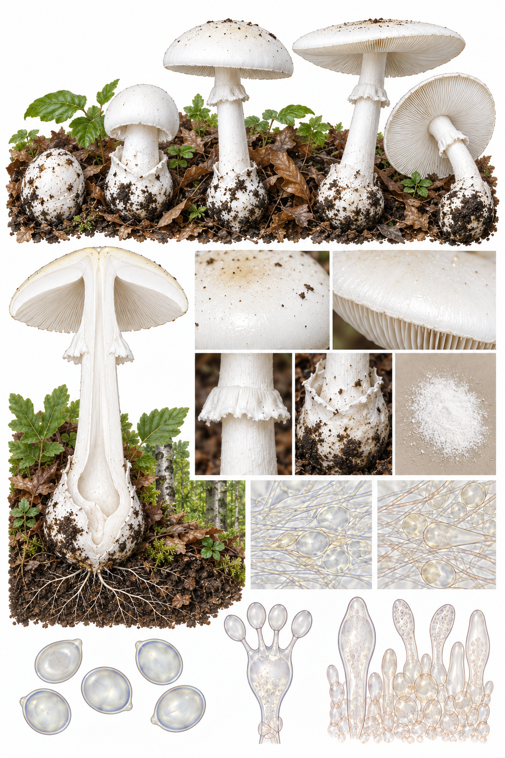 Lámina científica de Amanita verna completamente blanca con láminas blancas, anillo y volva saciforme