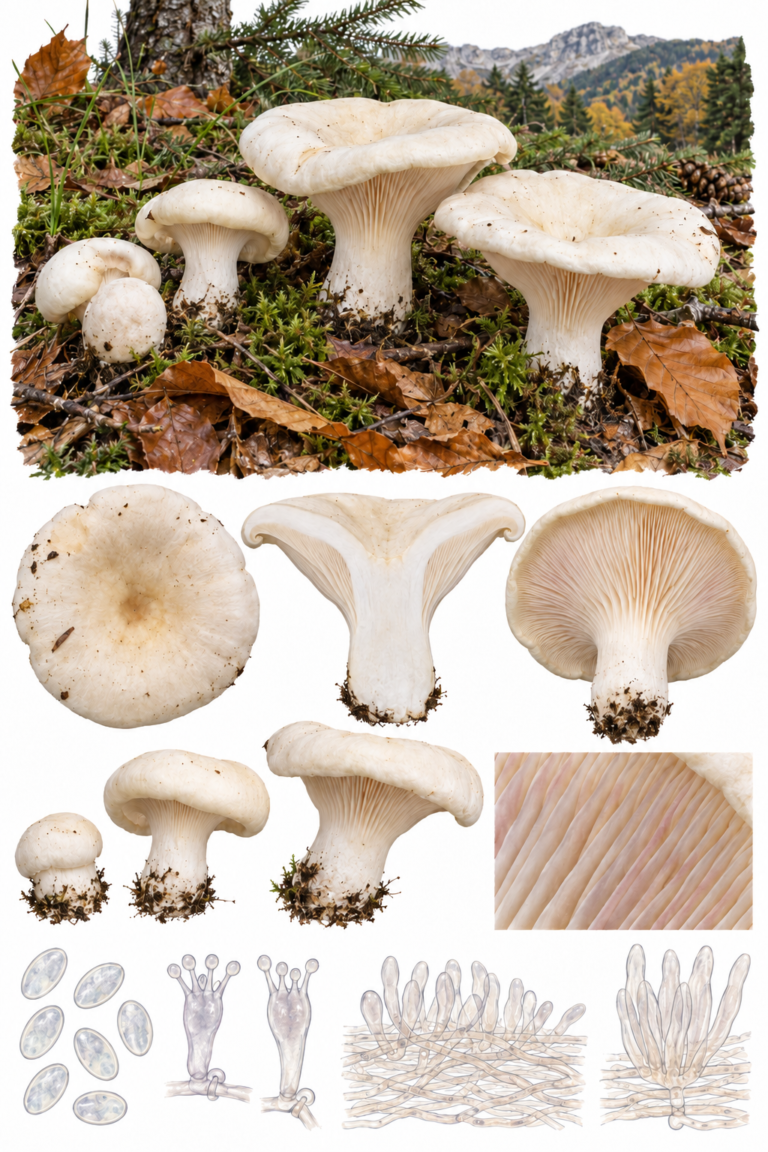 Lámina científica de Aspropaxillus candidus con gran sombrero blanco, láminas decurrentes, pie robusto, hábitat y microscopía
