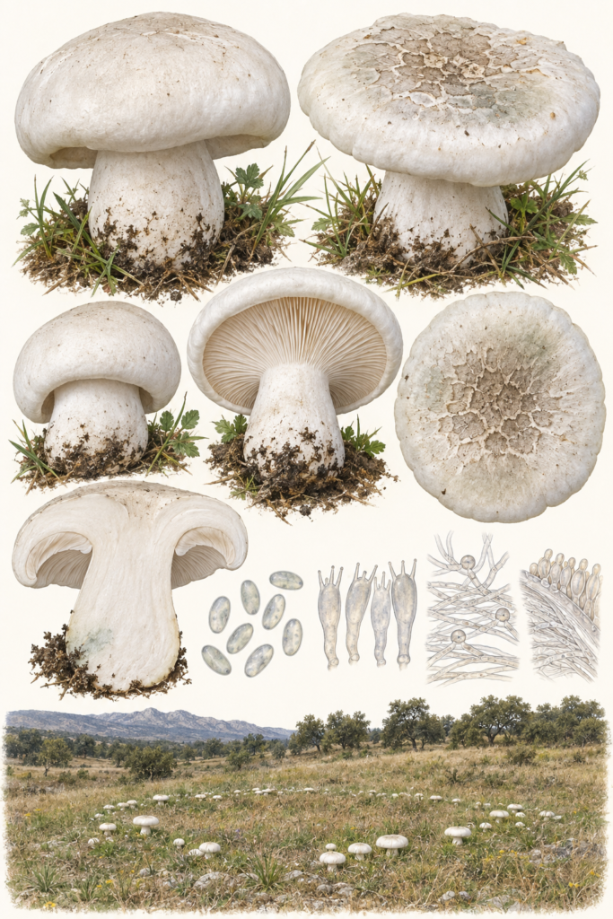 Lámina naturalista de Aspropaxillus lepistoides con gran sombrero blanco grisáceo, pie corto robusto, láminas, pradera y microscopía