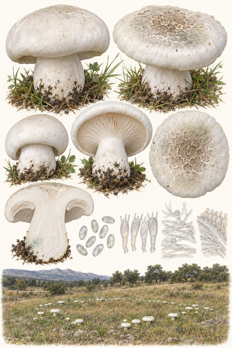 Lámina naturalista de Aspropaxillus lepistoides con gran sombrero blanco grisáceo, pie corto robusto, láminas, pradera y microscopía