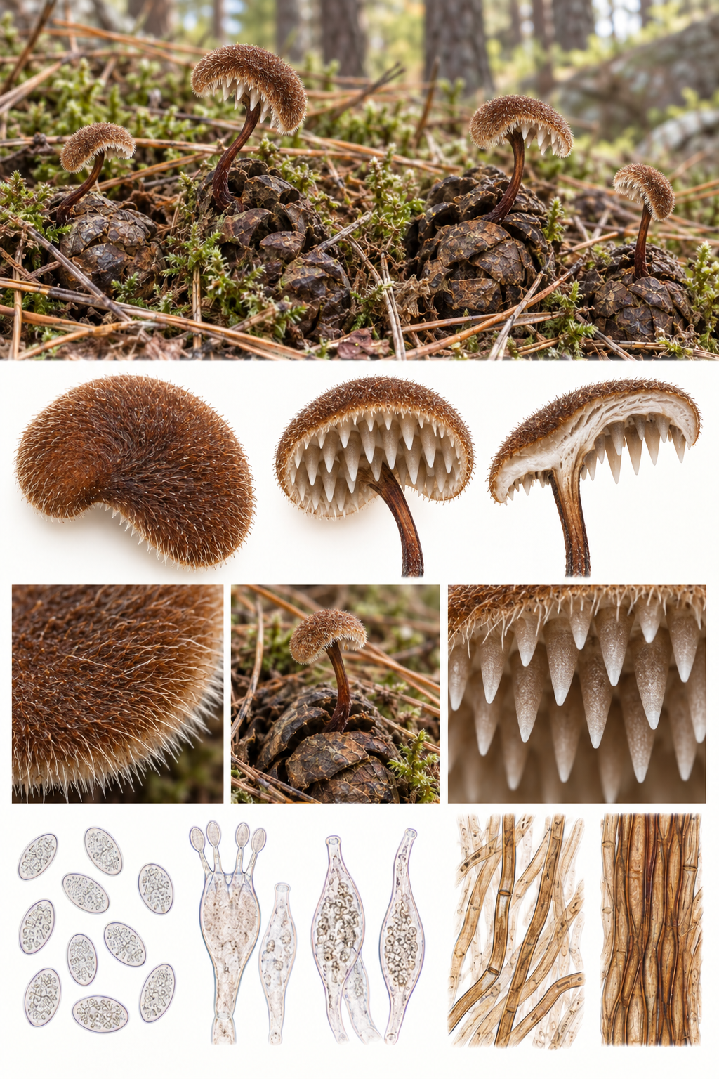 Auriscalpium vulgare creciendo sobre una piña de pino, con sombrero pardo reniforme, pie lateral fino y himenio de aguijones claros.